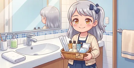 アメニティを入れたかごを持つイラスト