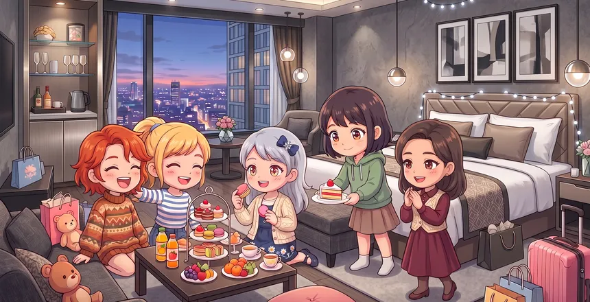 客室でケーキスタンドを囲んで女子会を楽しむイラスト