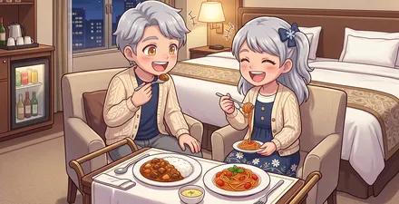 お部屋でお食事を召し上がるふたりのイラスト